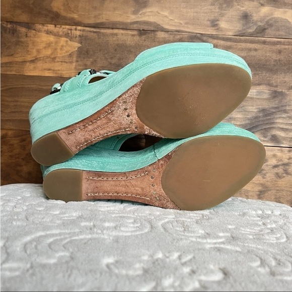 Frye Carlie Sling Platform Wedge Sandals Sz 9.5M Teal Mint Green Chic Prep EUC - Picture 11 of 14